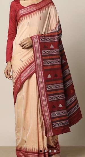 Beige and Maroon Cotton Bomkai Saree with Blouse