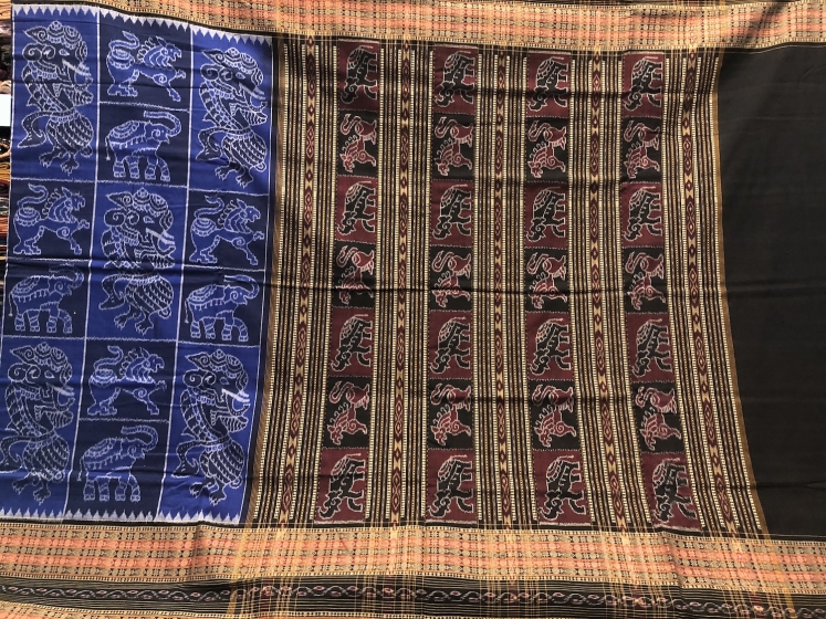 Master Weaver s Creation Exclusively Woven Animal Motifs Ikat Cotton Saree with Blouse Piece