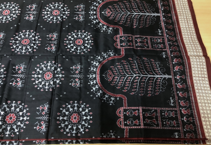 Intricately woven Tribal Motifs Body with Traditional Aanchal Ikat Silk Saree with Blouse Piece