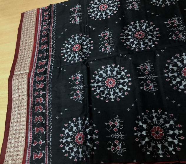 Intricately woven Tribal Motifs Body with Traditional Aanchal Ikat Silk Saree with Blouse Piece