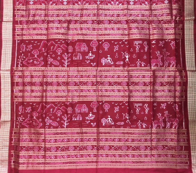 Exclusively woven Village Theme Aanchal Tribal Motifs Pasapalli Silk Saree with Blouse Piece