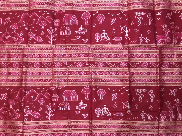 Exclusively woven Village Theme Aanchal Tribal Motifs Pasapalli Silk Saree with Blouse Piece