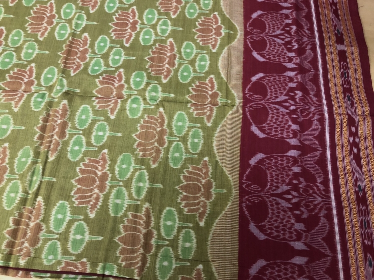 Lotus and Fish Motifs Nuapatana Cotton Saree without Blouse Piece