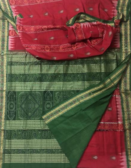 Red and Green Fish motifs and Ikat work Cotton Saree with Blouse Piece