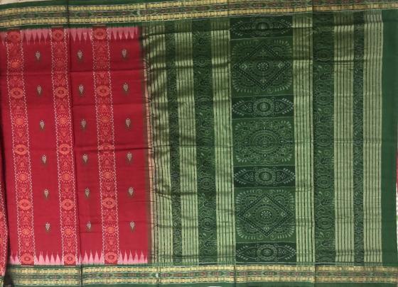 Red and Green Fish motifs and Ikat work Cotton Saree with Blouse Piece