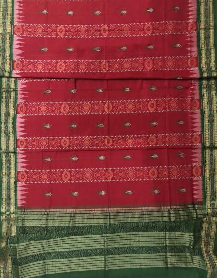 Red and Green Fish motifs and Ikat work Cotton Saree with Blouse Piece