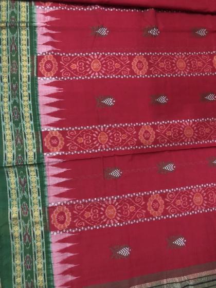 Red and Green Fish motifs and Ikat work Cotton Saree with Blouse Piece