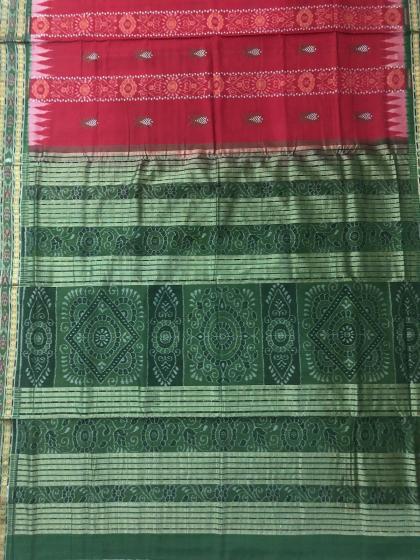 Red and Green Fish motifs and Ikat work Cotton Saree with Blouse Piece