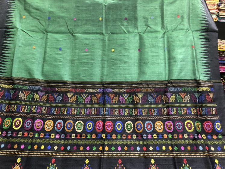 Green and Black Dolabedi Saree in Tasar with Blouse Piece