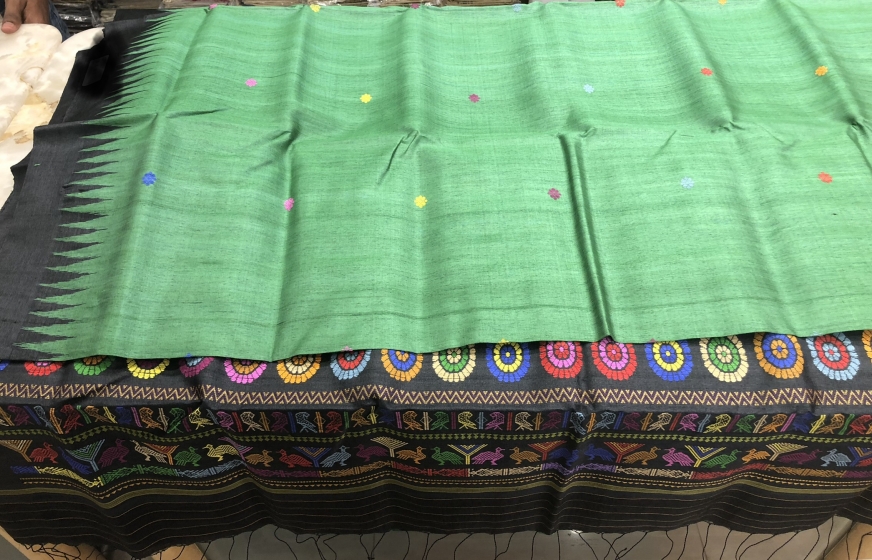 Green and Black Dolabedi Saree in Tasar with Blouse Piece