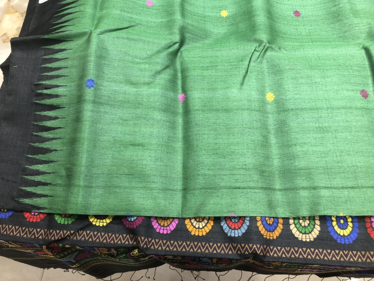 Green and Black Dolabedi Saree in Tasar with Blouse Piece