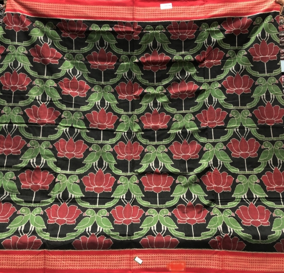 Parrot and Lotus Motifs Intricately woven Cotton Ikat Saree with Blouse Piece