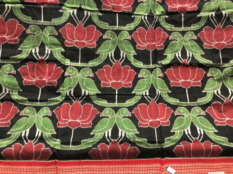 Parrot and Lotus Motifs Intricately woven Cotton Ikat Saree with Blouse Piece