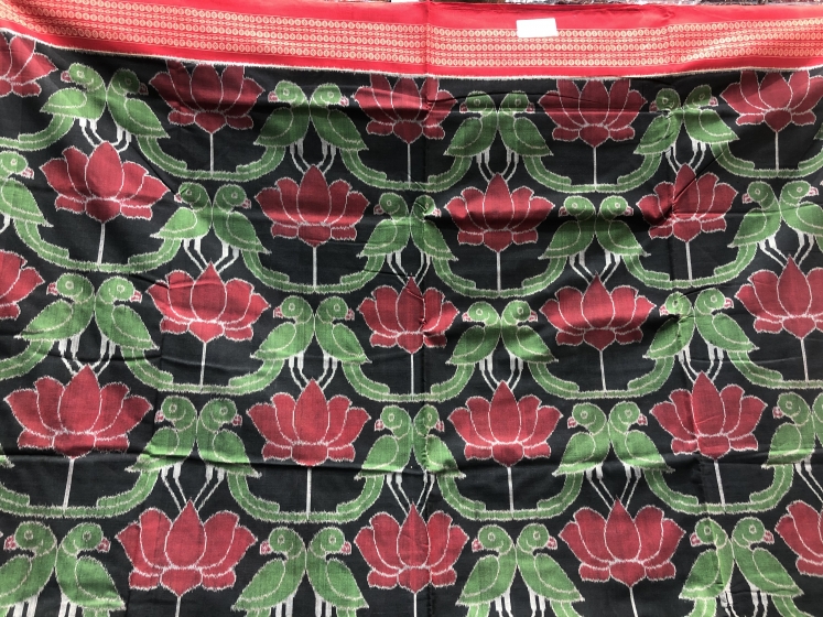 Parrot and Lotus Motifs Intricately woven Cotton Ikat Saree with Blouse Piece