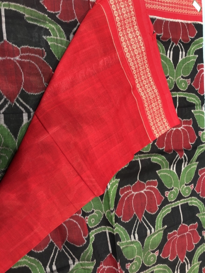 Parrot and Lotus Motifs Intricately woven Cotton Ikat Saree with Blouse Piece