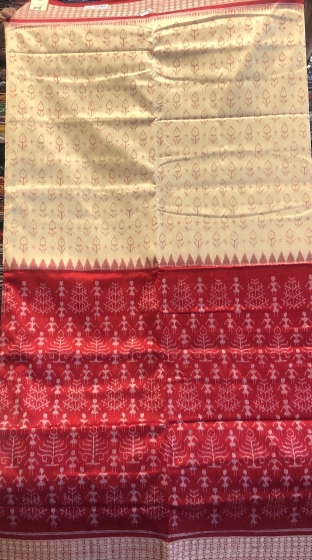 Tribal and traditional motifs Half and half Ikat Silk Saree with Blouse Piece