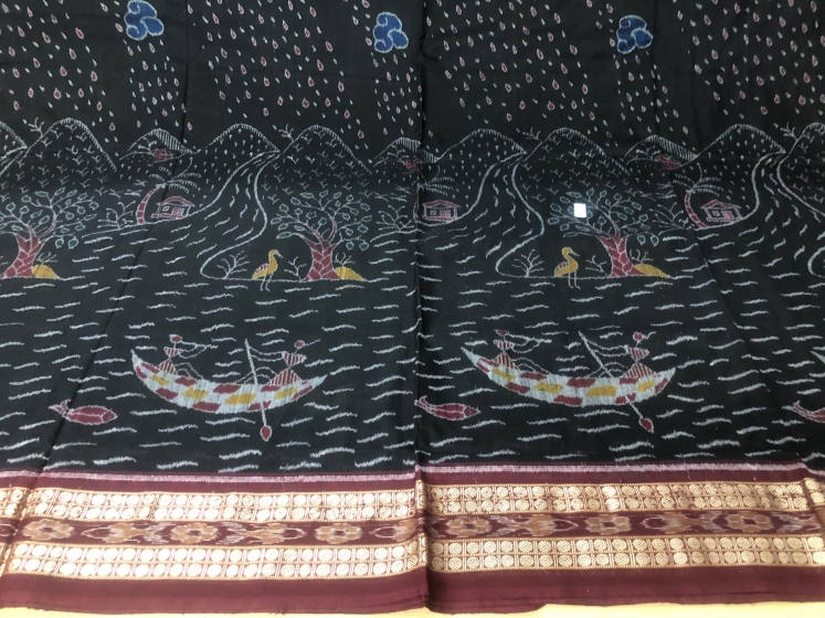 Rain Village and scenic beauty theme Double Ikat Cotton Saree with Blouse Piece