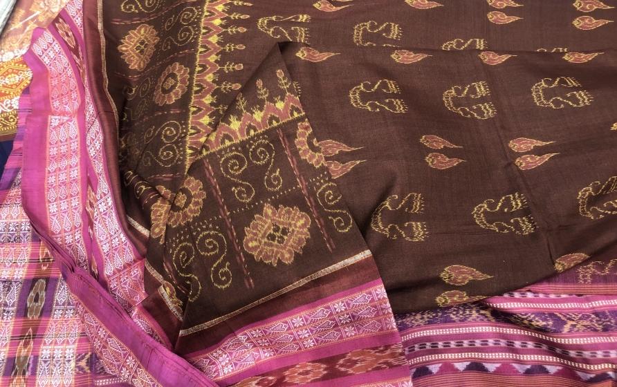 Laxmi pooja theme with Fish motifs border and bird motifs Aanchal Cotton Ikat Saree with blouse