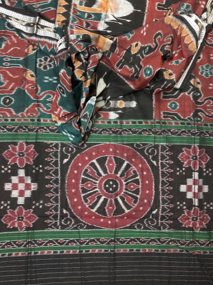 Taj Mahal and elephant motifs Cotton Ikat Saree without Blouse Piece