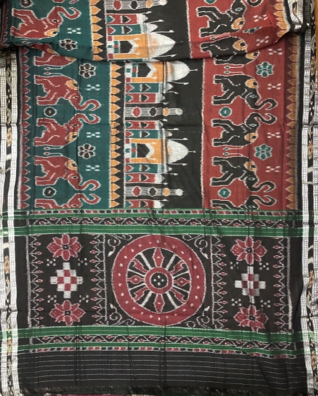 Taj Mahal and elephant motifs Cotton Ikat Saree without Blouse Piece