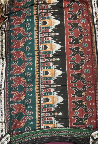 Taj Mahal and elephant motifs Cotton Ikat Saree without Blouse Piece