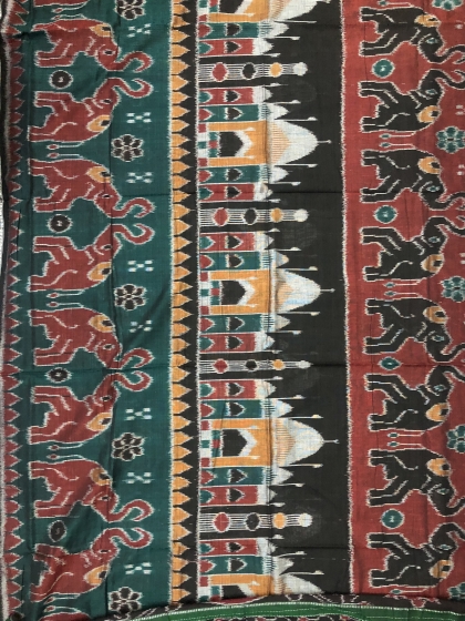 Taj Mahal and elephant motifs Cotton Ikat Saree without Blouse Piece