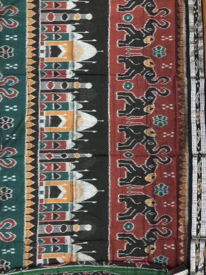 Taj Mahal and elephant motifs Cotton Ikat Saree without Blouse Piece