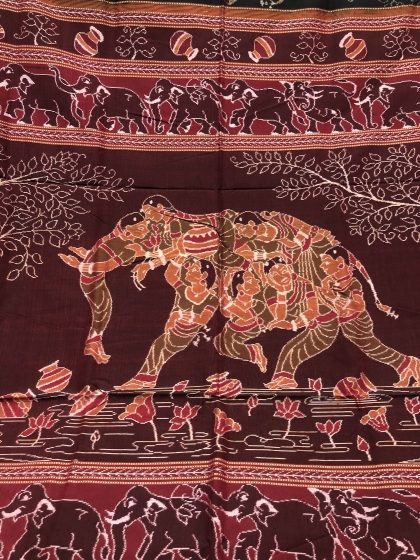 Master weaver s creation Intricately woven Women and elephant motifs Cotton Ikat Saree with Blouse