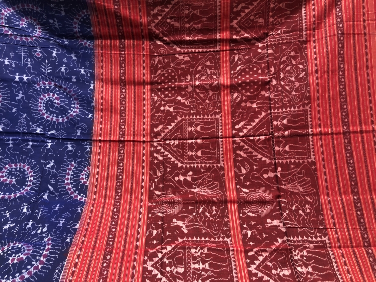 Intricately woven Tribal Motifs Ikkat Cotton Saree with Blouse Piece