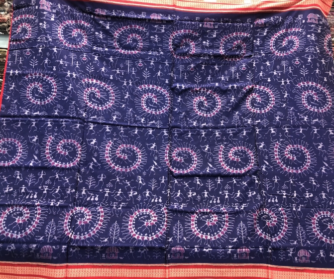 Intricately woven Tribal Motifs Ikkat Cotton Saree with Blouse Piece