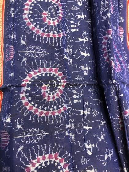 Intricately woven Tribal Motifs Ikkat Cotton Saree with Blouse Piece