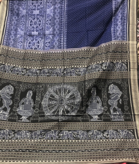 Intricately woven wheels and temple sculptures motifs Double Ikat Cotton Saree with Blouse Piece