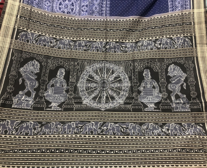 Intricately woven wheels and temple sculptures motifs Double Ikat Cotton Saree with Blouse Piece