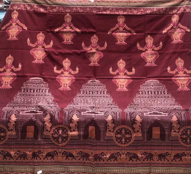 Exquisite Temple and dancer Motifs Cotton double Ikat Saree with Blouse Piece