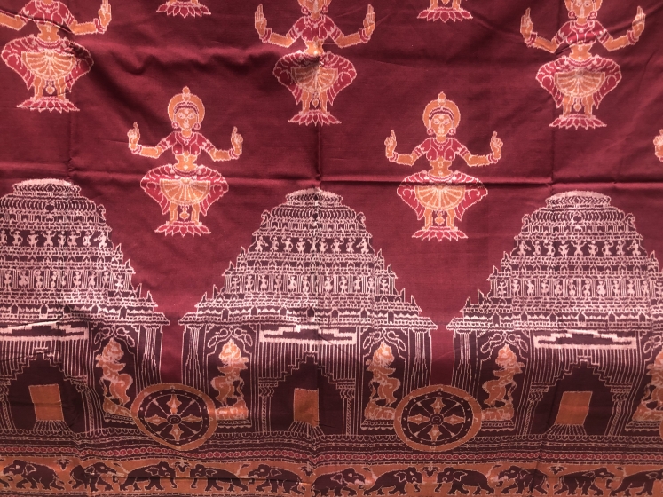 Exquisite Temple and dancer Motifs Cotton double Ikat Saree with Blouse Piece