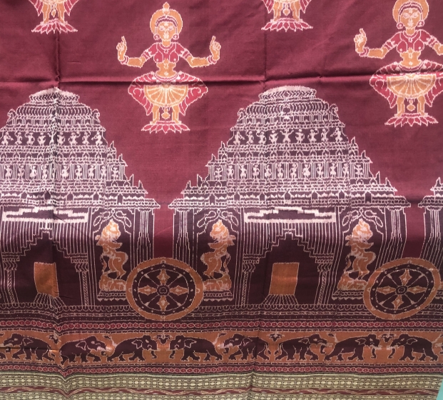 Exquisite Temple and dancer Motifs Cotton double Ikat Saree with Blouse Piece