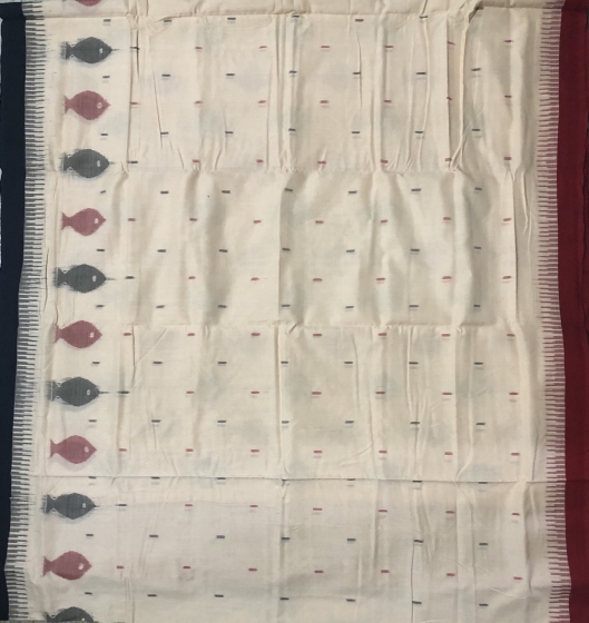 Ganga Jamuna Border Fish motifs Cotton Ikat Saree with Blouse Piece