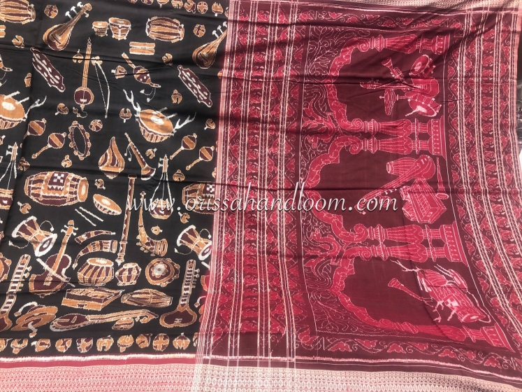 Musical Instruments Theme Cotton Ikat Saree with Blouse Piece