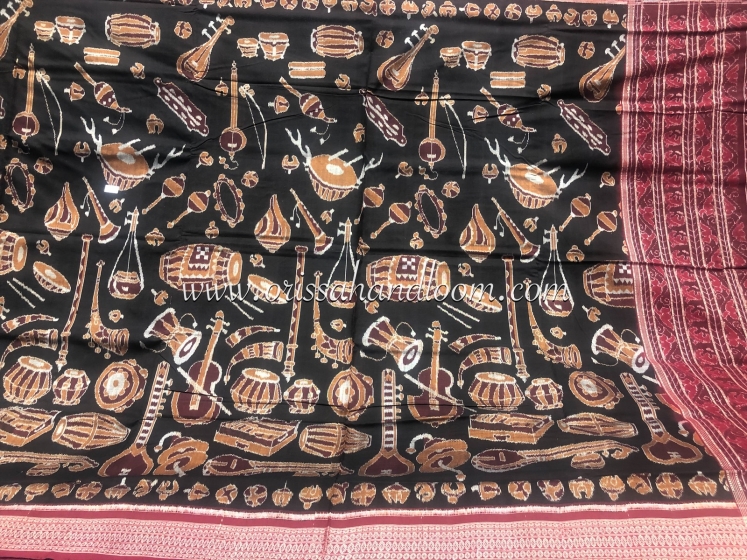 Musical Instruments Theme Cotton Ikat Saree with Blouse Piece