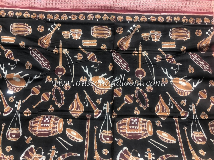 Musical Instruments Theme Cotton Ikat Saree with Blouse Piece