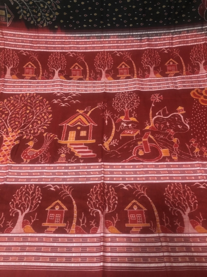 Village theme with Rain and scenic beauty Cotton Ikat saree with Blouse piece