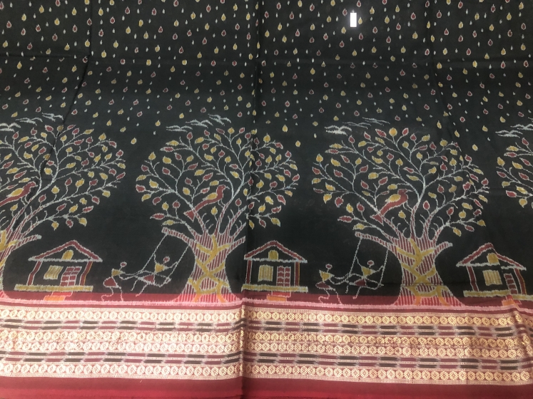 Village theme with Rain and scenic beauty Cotton Ikat saree with Blouse piece