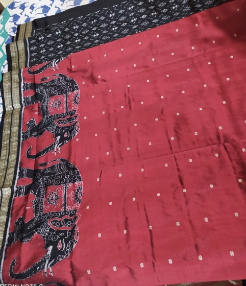 Exclusively Woven Elephant Motifs Om Border and Aanchal with all over Blouse work Ikat Silk Saree