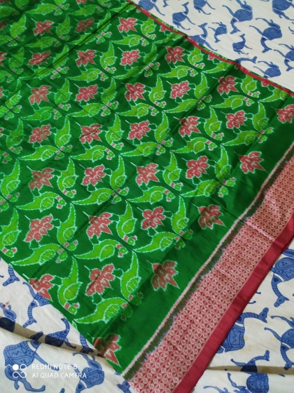 Exclusively woven Parrot and Lotus Motifs Double Ikat Silk Saree with blouse Piece