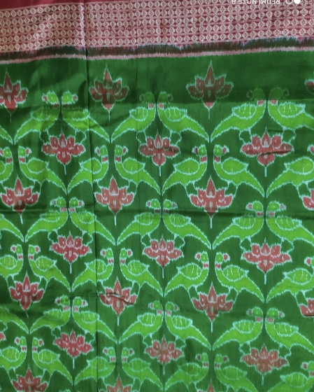 Exclusively woven Parrot and Lotus Motifs Double Ikat Silk Saree with blouse Piece