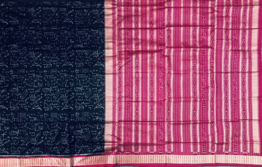 Exquisite mathematical equations theme Black and pink Ikat Silk Saree with Blouse Piece