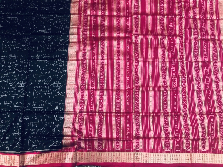 Exquisite mathematical equations theme Black and pink Ikat Silk Saree with Blouse Piece