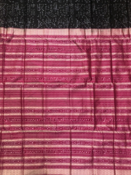 Exquisite mathematical equations theme Black and pink Ikat Silk Saree with Blouse Piece