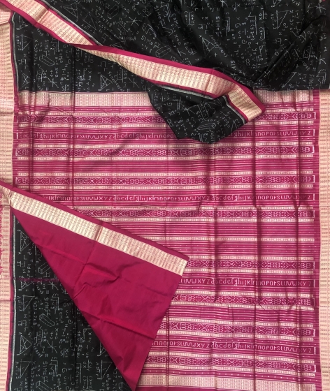 Exquisite mathematical equations theme Black and pink Ikat Silk Saree with Blouse Piece