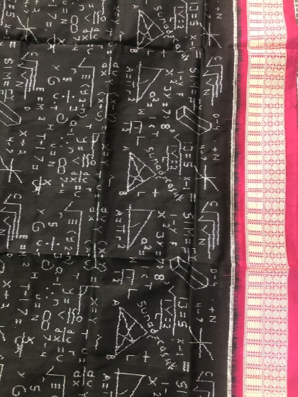 Exquisite mathematical equations theme Black and pink Ikat Silk Saree with Blouse Piece